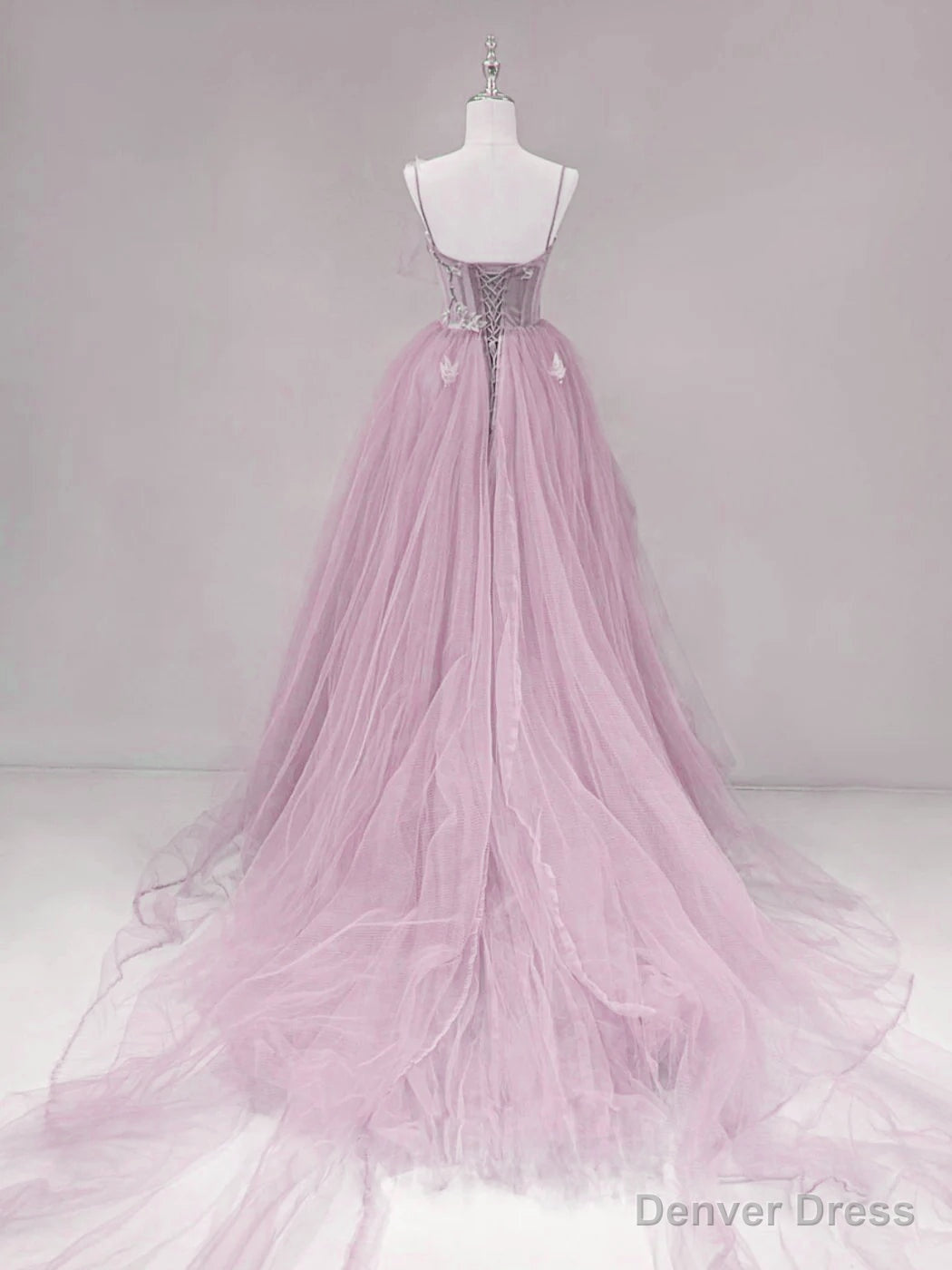 Pink Straps Tulle Chic Long Prom Dress Prom Dress, Pink A Line Prom Dresses