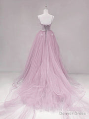 Pink Straps Tulle Chic Long Party Dress Formal Dress, Pink A-line Prom Dress