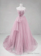 Pink Straps Tulle Chic Long Prom Dress Prom Dress, Pink A Line Prom Dresses