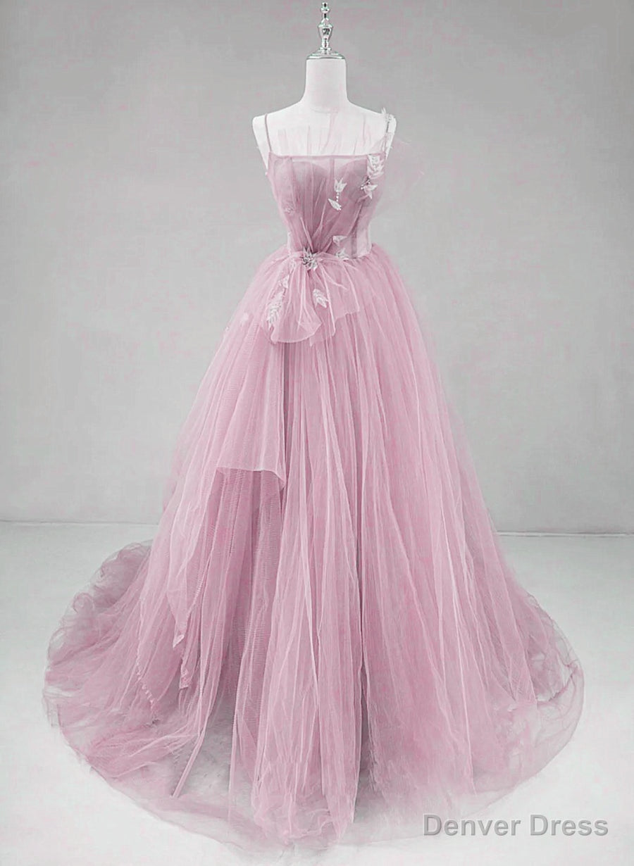 Pink Straps Tulle Chic Long Prom Dress Prom Dress, Pink A Line Prom Dresses