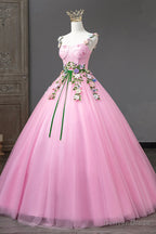Pink Straps Tulle Sweetheart Ball Gowns with Flowers, Pink Prom Dress