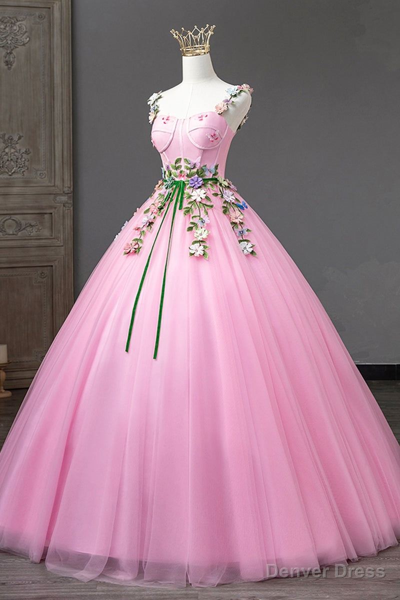 Pink Straps Tulle Sweetheart Ball Gowns with Flowers, Pink Prom Dress