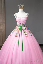 Pink Straps Tulle Sweetheart Ball Gowns with Flowers, Pink Prom Dress