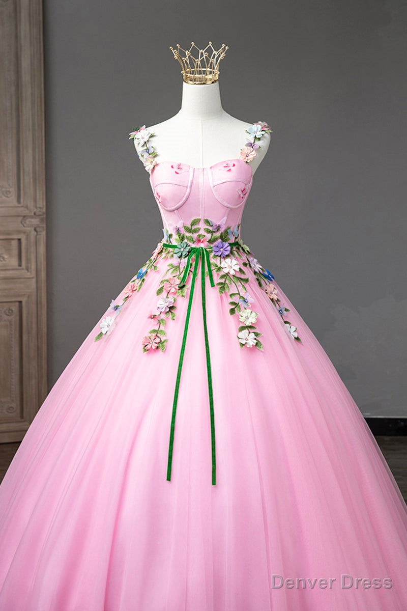 Pink Straps Tulle Sweetheart Ball Gowns with Flowers, Pink Prom Dress