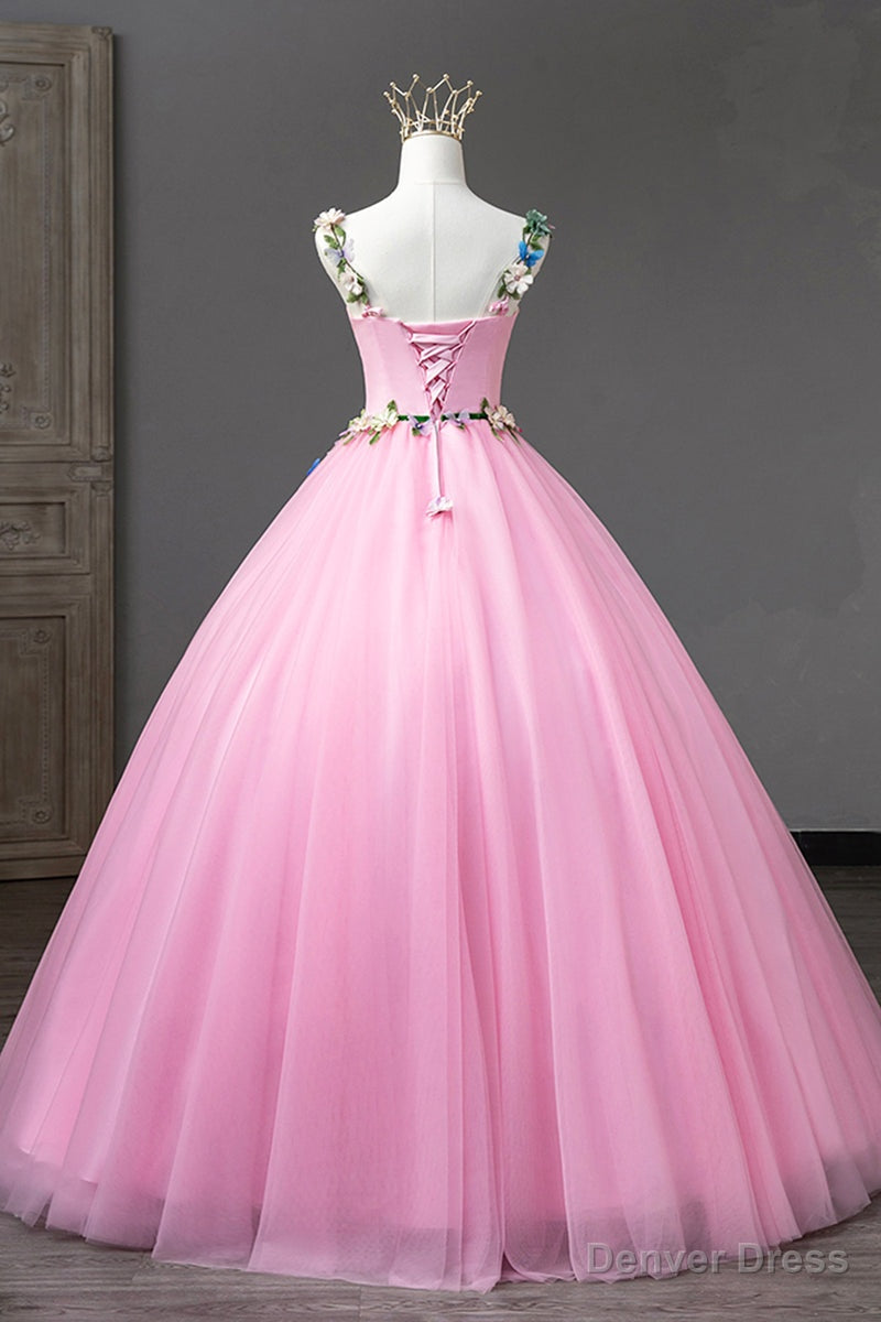 Pink Straps Tulle Sweetheart Ball Gowns with Flowers, Pink Prom Dress