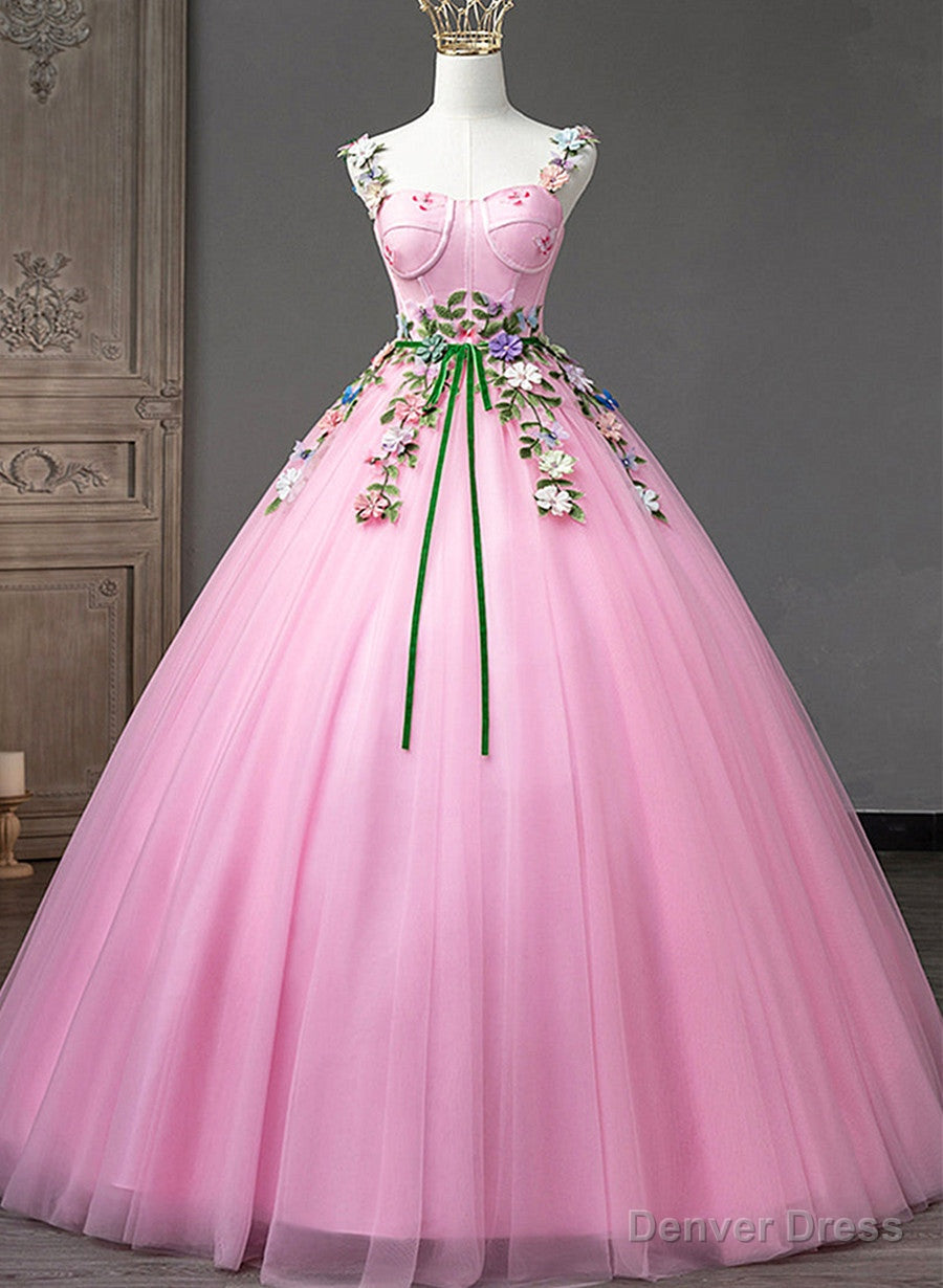 Pink Straps Tulle Sweetheart Ball Gowns with Flowers, Pink Prom Dress