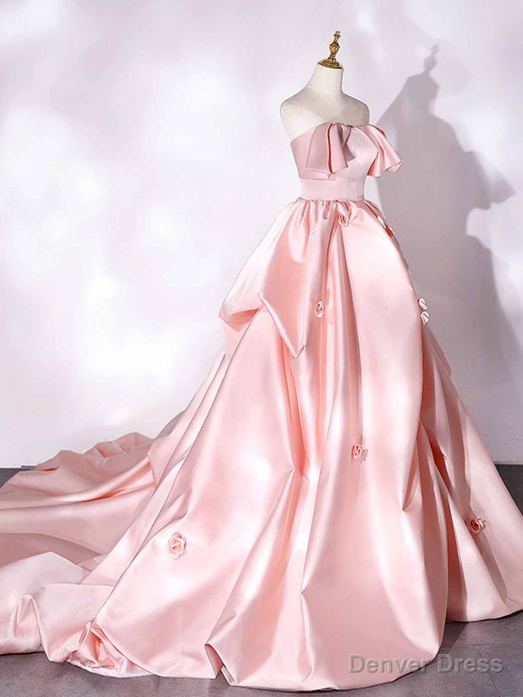 Pink Sweep Train Satin Long Prom Dress, Pink Prom Dresses