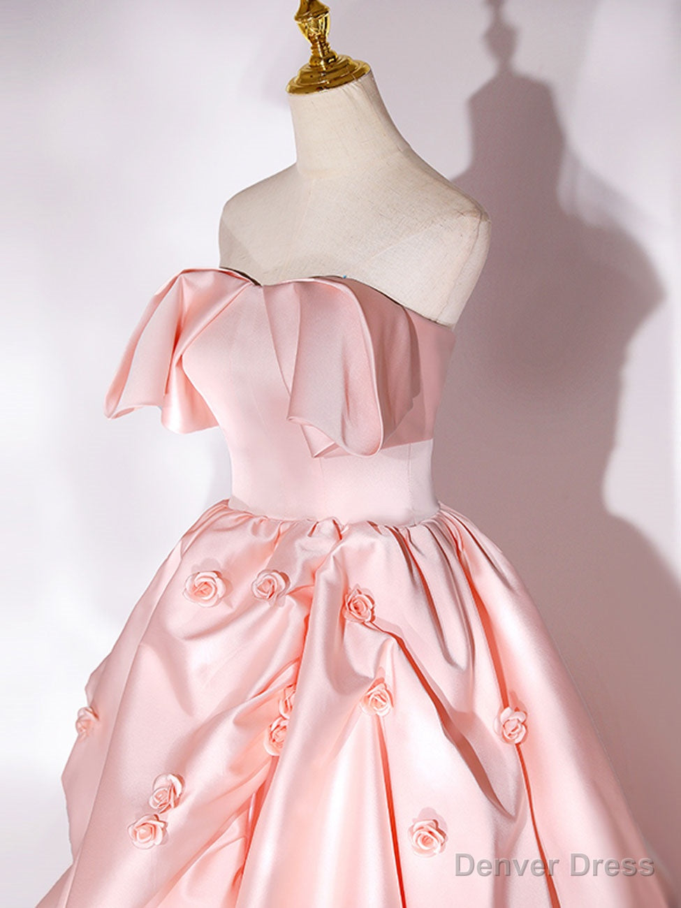 Pink Sweep Train Satin Long Prom Dress, Pink Prom Dresses