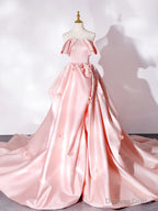 Pink Sweep Train Satin Long Prom Dress, Pink Prom Dresses