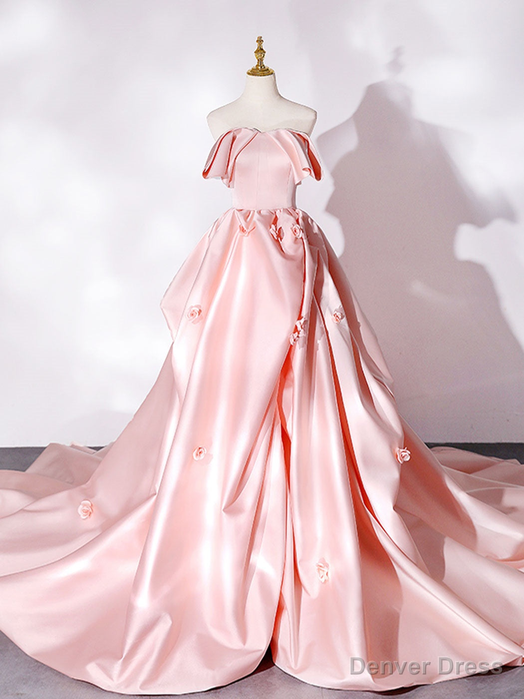 Pink Sweep Train Satin Long Prom Dress, Pink Prom Dresses