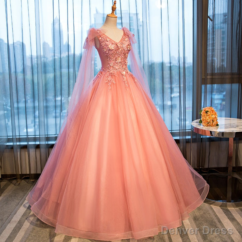 Pink Sweet 16 Prom Tull Gowns with Lace, Pink Prom Dresses