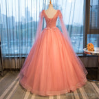 Pink Sweet 16 Prom Tull Gowns with Lace, Pink Prom Dresses