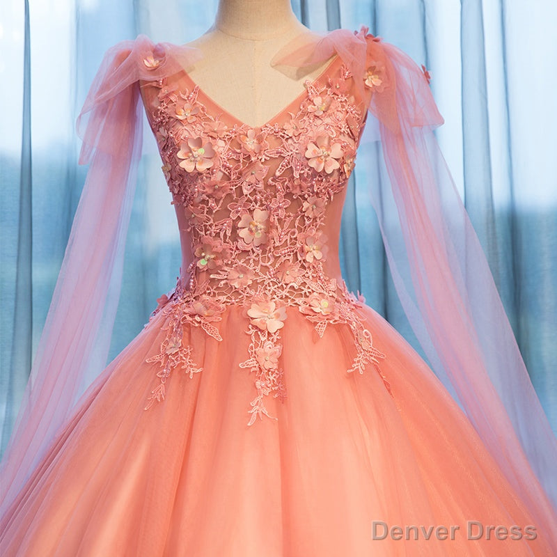 Pink Sweet 16 Prom Tull Gowns with Lace, Pink Prom Dresses