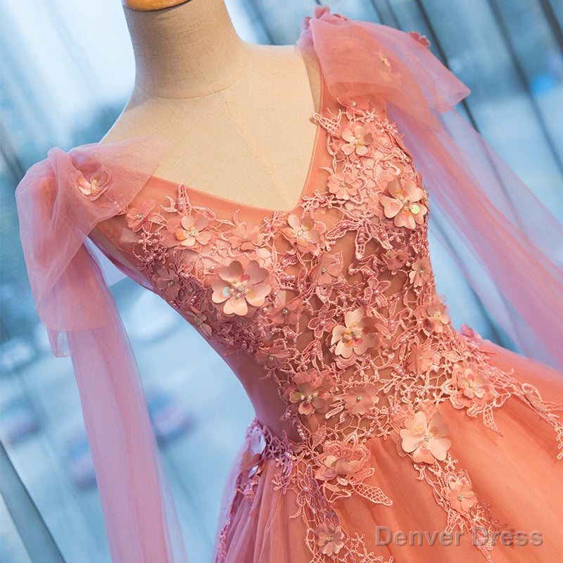 Pink Sweet 16 Prom Tull Gowns with Lace, Pink Prom Dresses