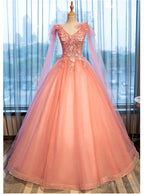 Pink Sweet 16 Prom Tull Gowns with Lace, Pink Prom Dresses