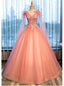 Pink Sweet 16 Prom Tull Gowns with Lace, Pink Prom Dresses