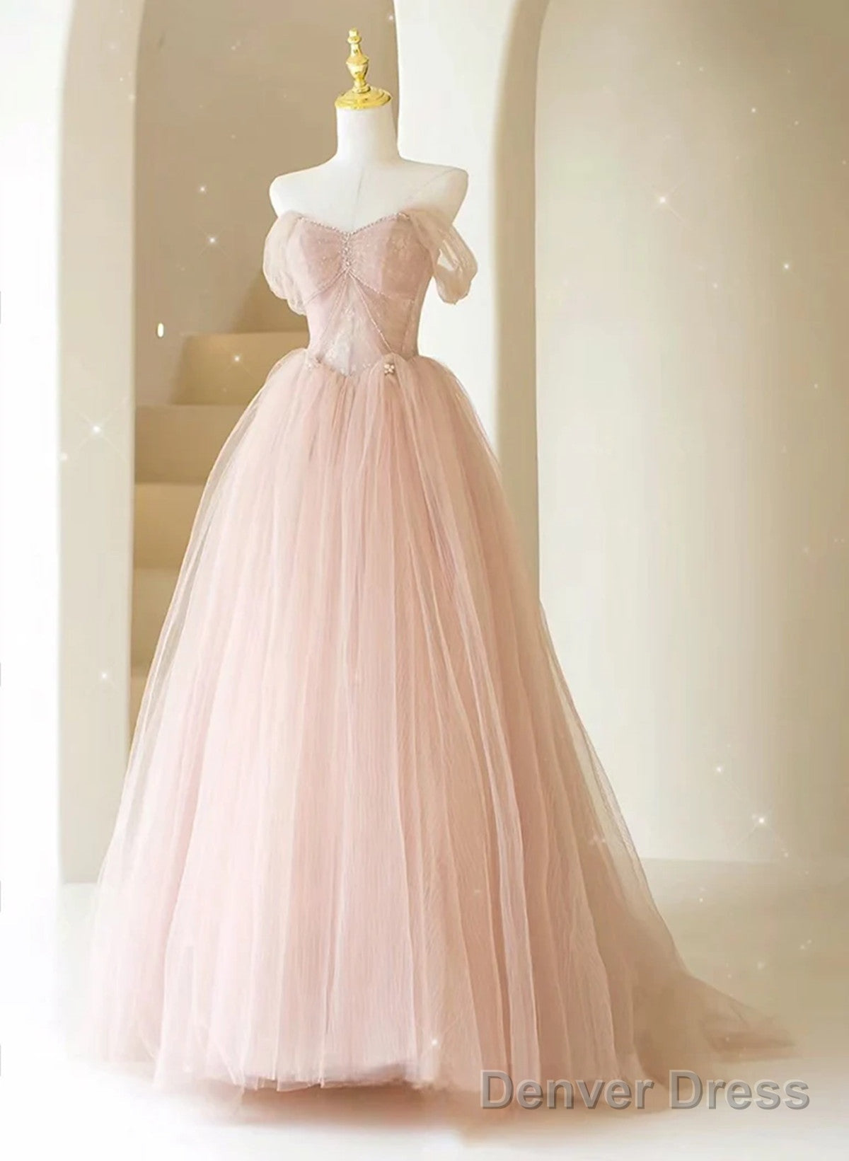 Pink Sweetheart Beaded Long Tulle Prom Dress, Pink Tulle Evening Dress Party Dress