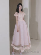 Pink Sweetheart Beaded Tea Length Tulle Homecoming Dress, Pink Tulle Short Prom Dress