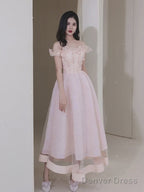 Pink Sweetheart Beaded Tea Length Tulle Homecoming Dress, Pink Tulle Short Prom Dresses