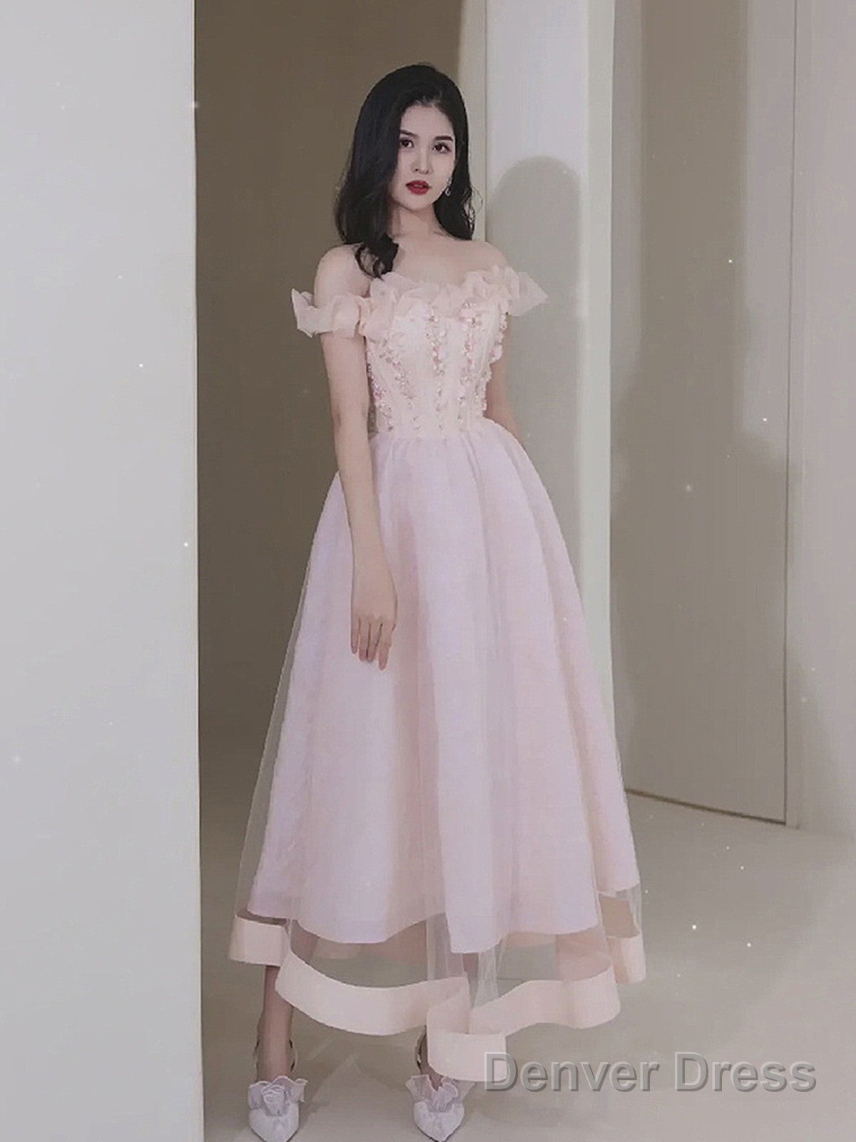 Pink Sweetheart Beaded Tea Length Tulle Homecoming Dress, Pink Tulle Short Prom Dresses