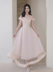 Pink Sweetheart Beaded Tea Length Tulle Homecoming Dress, Pink Tulle Short Prom Dress