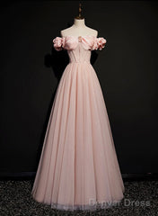 Pink Sweetheart Beaded Tulle Long Prom Dress, A-Line Pink Evening Dress