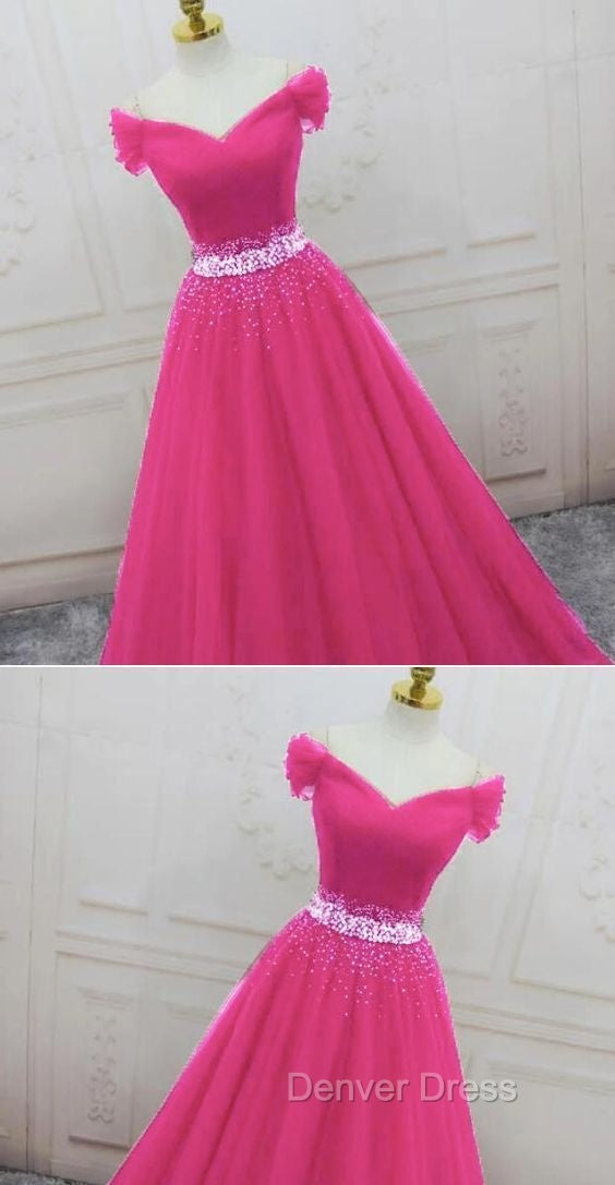 Pink Sweetheart Beaded Tulle Off Shoulder Long Prom Dresses, Pink Formal Dresses