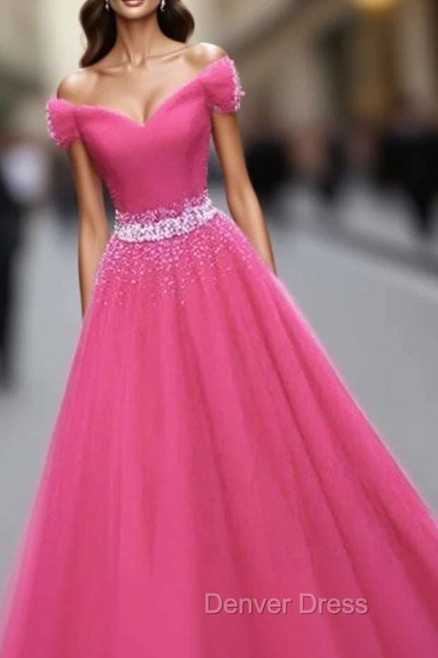 Pink Sweetheart Beaded Tulle Off Shoulder Long Prom Dresses, Pink Formal Dresses Main image