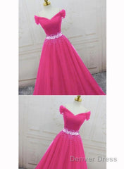 Pink Sweetheart Beaded Tulle Off Shoulder Long Prom Dress, Pink Formal Dresses
