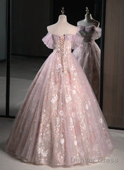 Pink Sweetheart Floral Lace And Tulle Prom Dress, Pink Sweetheart Long Party Dress