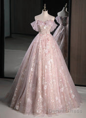Pink Sweetheart Floral Lace And Tulle Prom Dress, Pink Sweetheart Long Party Dress