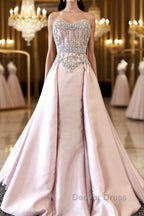 pink sweetheart neck beads long prom Dress, pink Prom Dresses