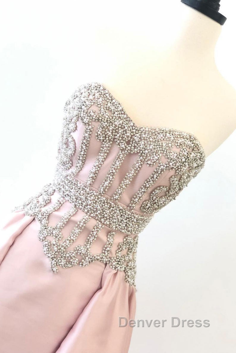 pink sweetheart neck beads long prom Dress, pink Prom Dresses