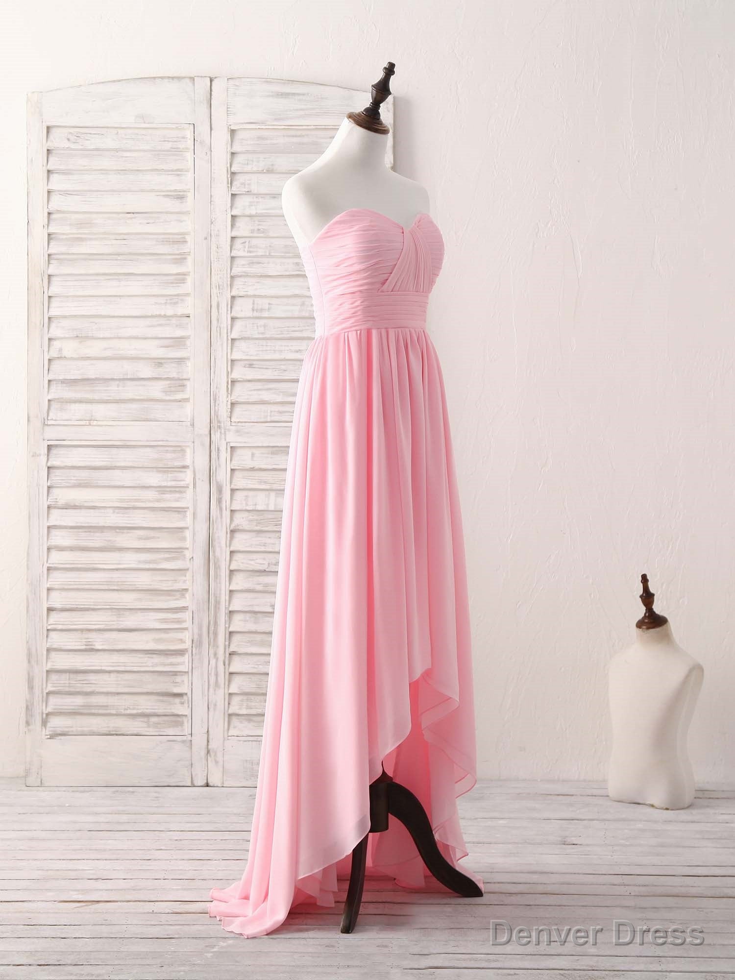 Pink Sweetheart Neck Chiffon High Low Prom Dress, Bridesmaid Dresses Secondary image