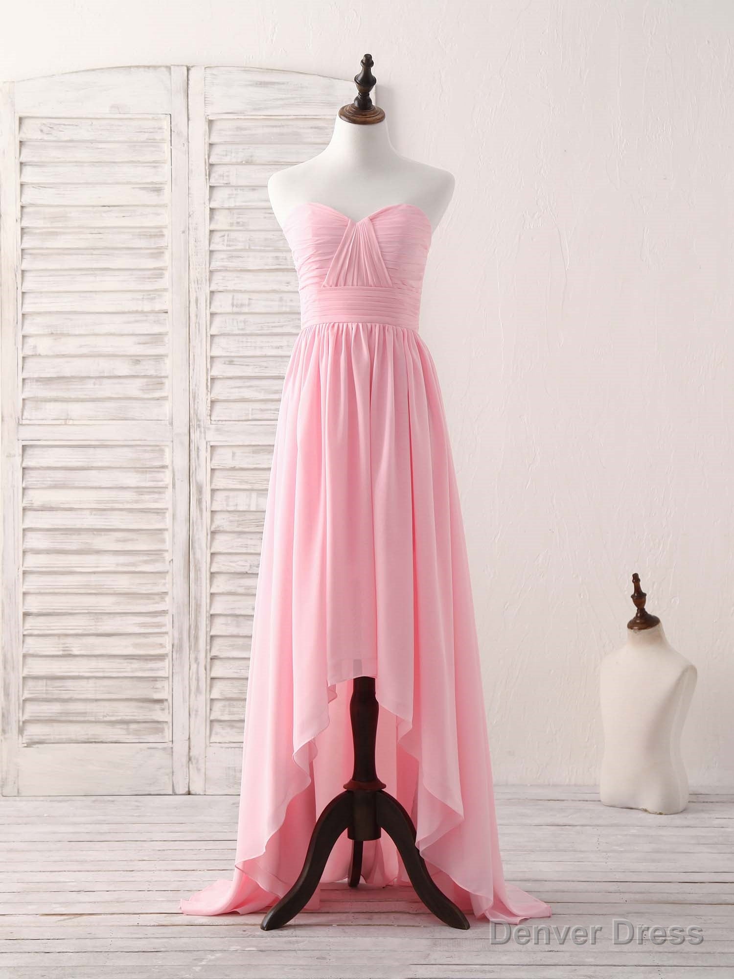 Pink Sweetheart Neck Chiffon High Low Prom Dress, Bridesmaid Dresses Main image
