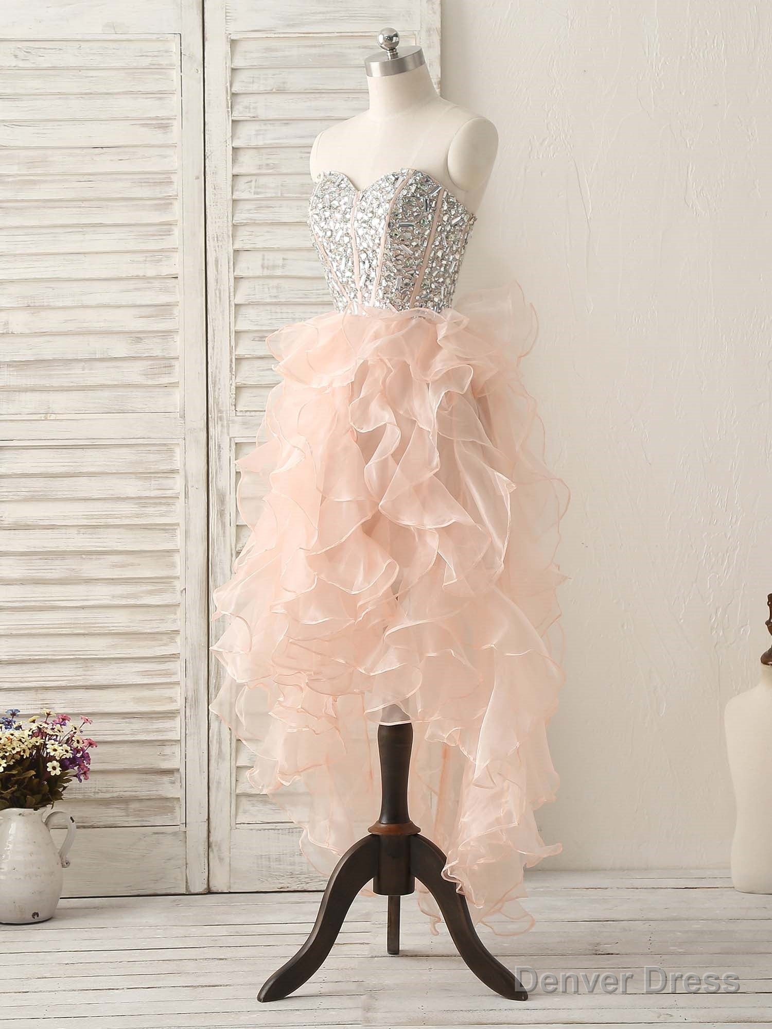 Pink Sweetheart Neck Rhinestones Organza Prom Dress Pink Homecoming Dresses Secondary image