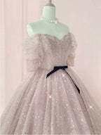 Pink Sweetheart-Neck Tulle Lace Half-Sleeve Prom Dresses, Pink Party Dress