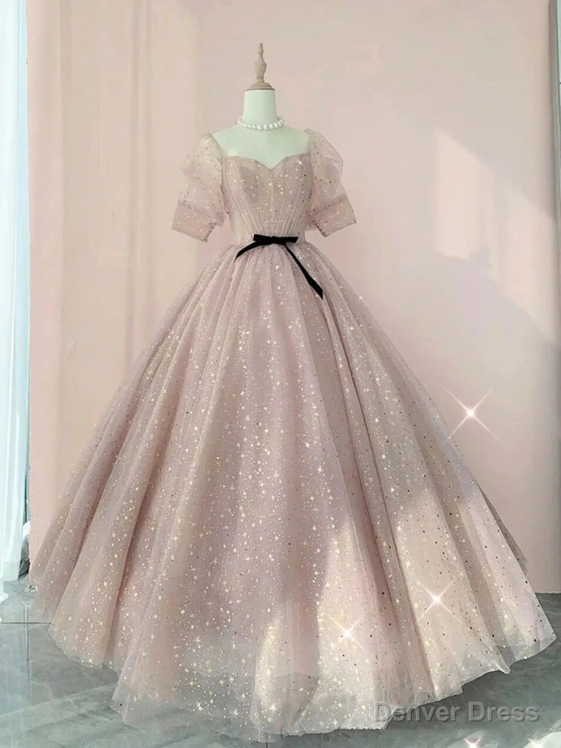 Pink Sweetheart Neck Tulle Lace Half Sleeve Prom Dress, Pink Prom Dresses