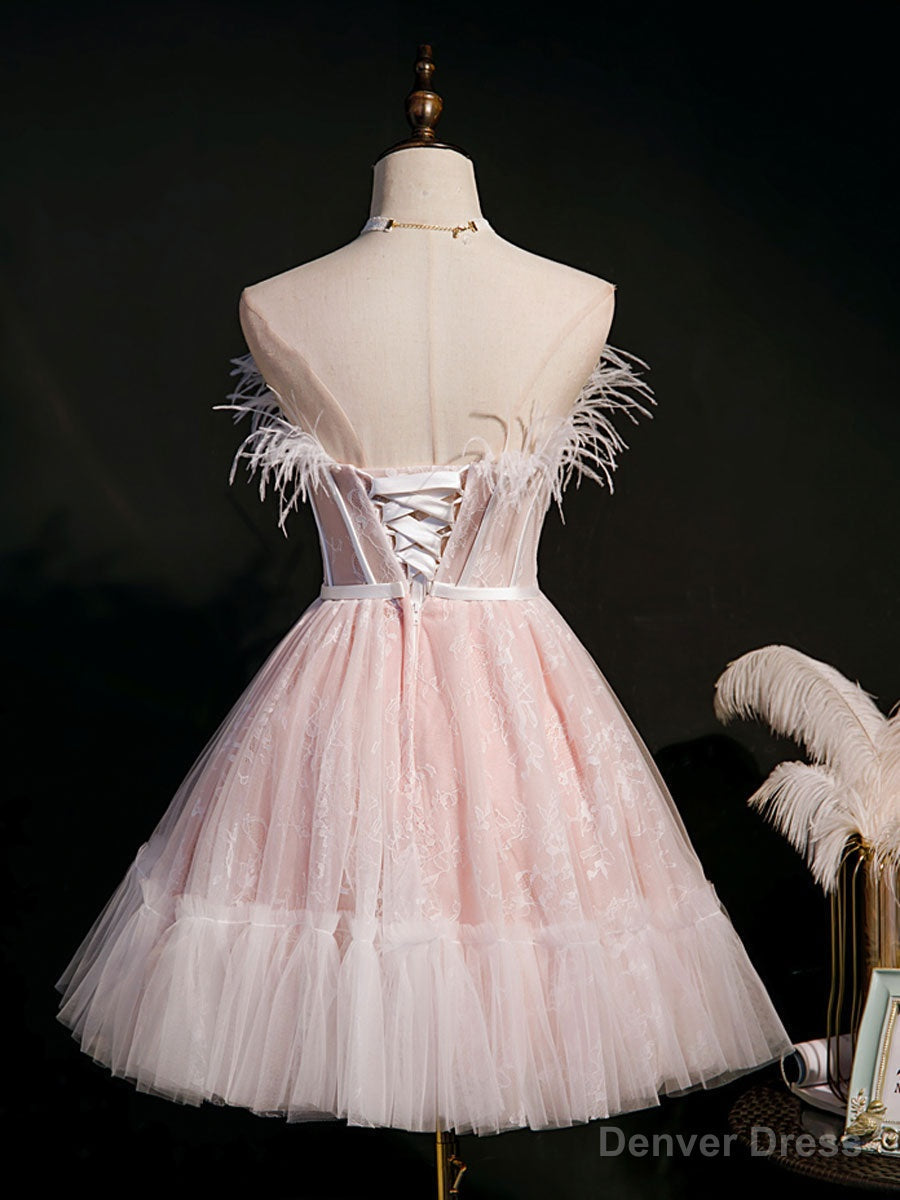 Pink Sweetheart Neck Tulle Lace Short Prom Dress, Puffy Pink Homecoming Dresses