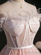 Pink Sweetheart Neck Tulle Lace Short Prom Dress, Puffy Pink Homecoming Dresses