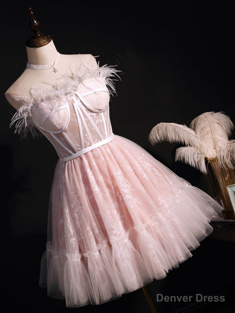 Pink Sweetheart Neck Tulle Lace Short Prom Dress, Puffy Pink Homecoming Dresses