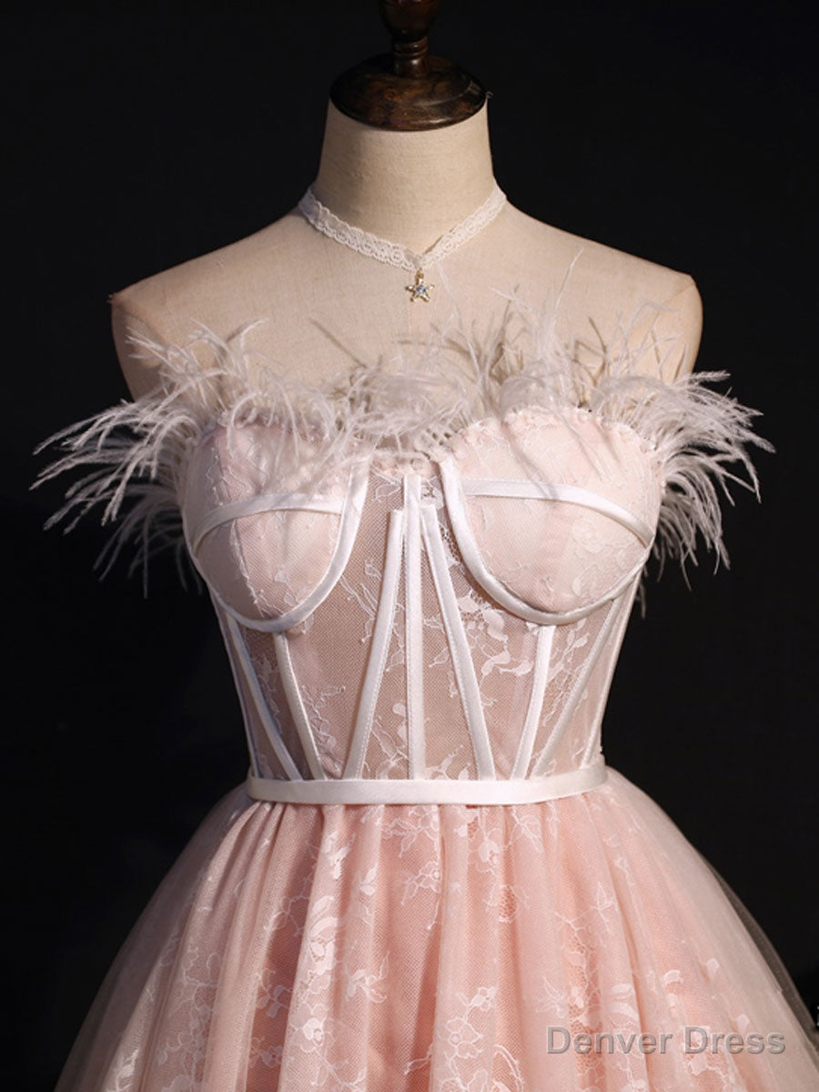 Pink Sweetheart Neck Tulle Lace Short Prom Dress, Puffy Pink Homecoming Dresses