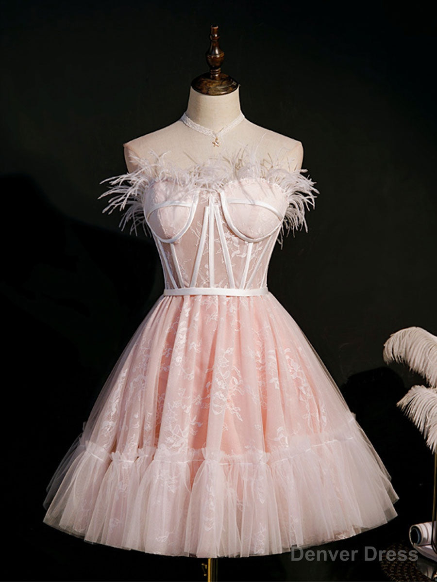 Pink Sweetheart Neck Tulle Lace Short Prom Dress, Puffy Pink Homecoming Dresses Main image