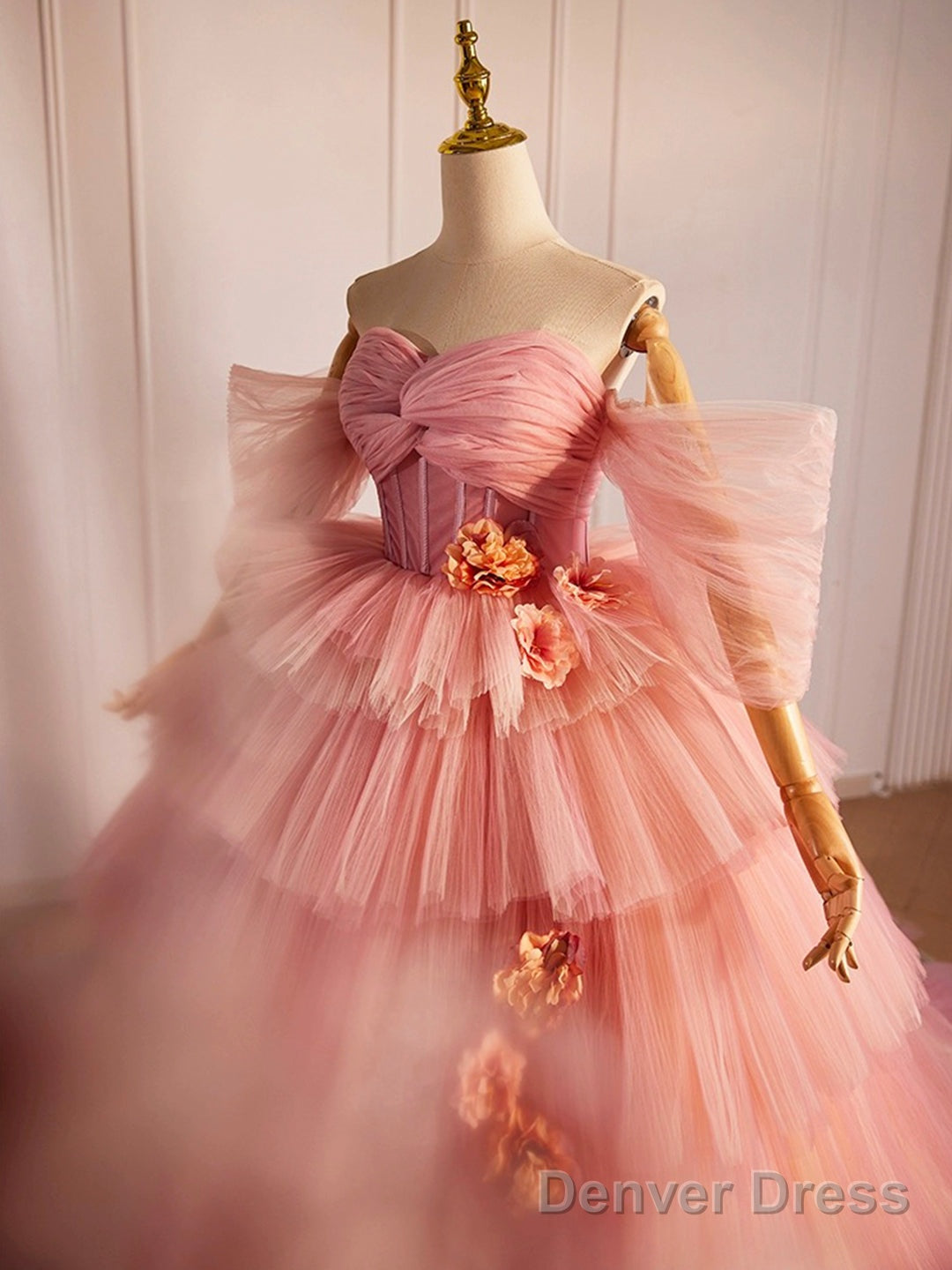 Pink Sweetheart Neck Tulle Long Ball Gowns, Beautiful A Line Prom Gowns