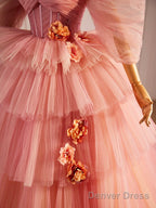 Pink Sweetheart Neck Tulle Long Ball Gowns, Beautiful A Line Prom Gowns
