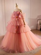 Pink Sweetheart Neck Tulle Long Ball Gown, Beautiful A-Line Evening Party Gown
