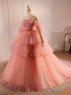 Pink Sweetheart Neck Tulle Long Ball Gowns, Beautiful A Line Prom Gowns