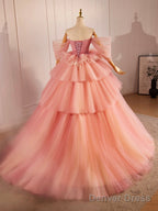 Pink Sweetheart Neck Tulle Long Ball Gown, Beautiful A-Line Evening Party Gown