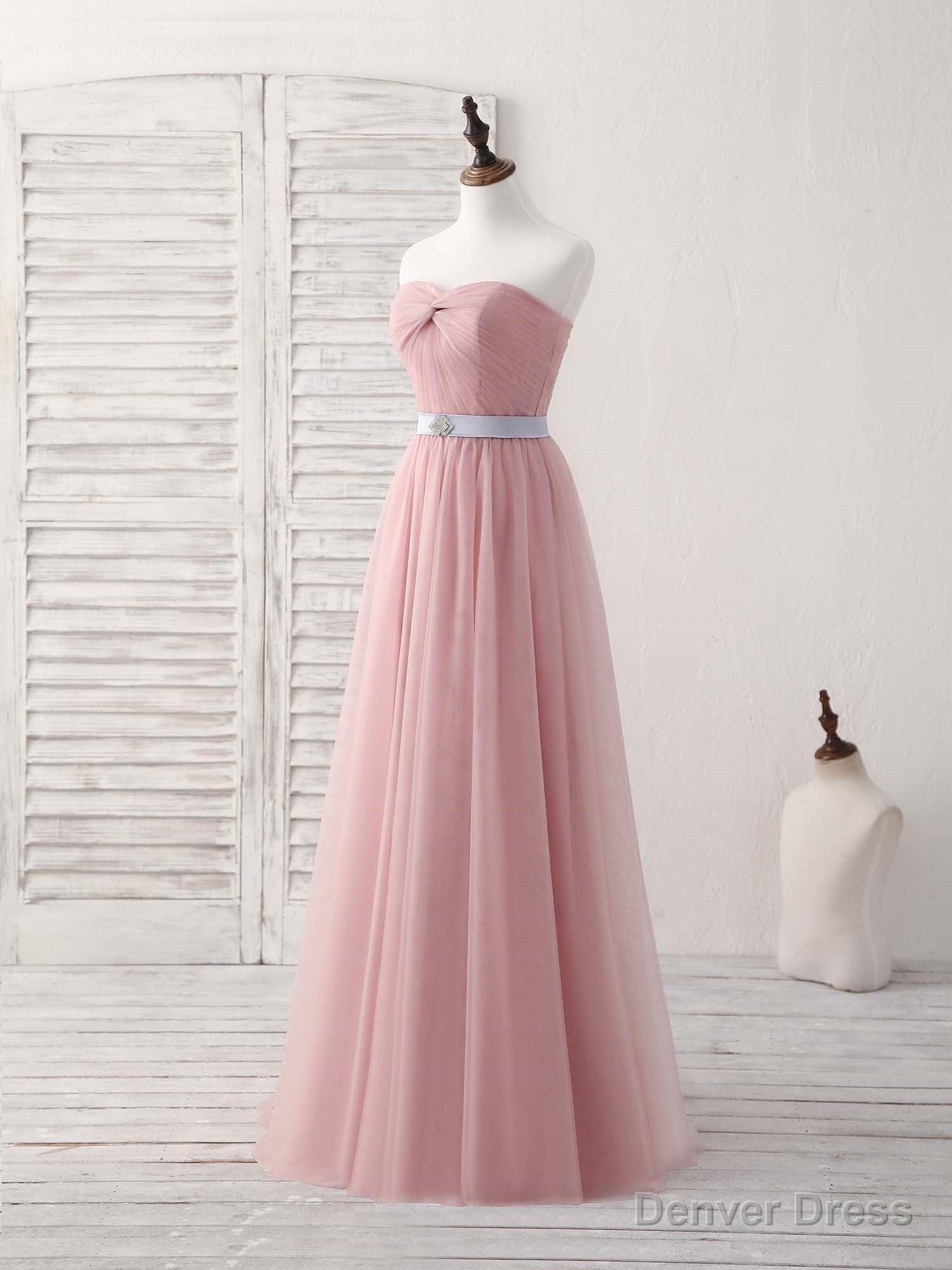 Pink Sweetheart Neck Tulle Long Prom Dress, Aline Pink Bridesmaid Dresses Secondary image