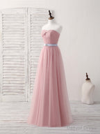 Pink Sweetheart Neck Tulle Long Prom Dress, Aline Pink Bridesmaid Dresses